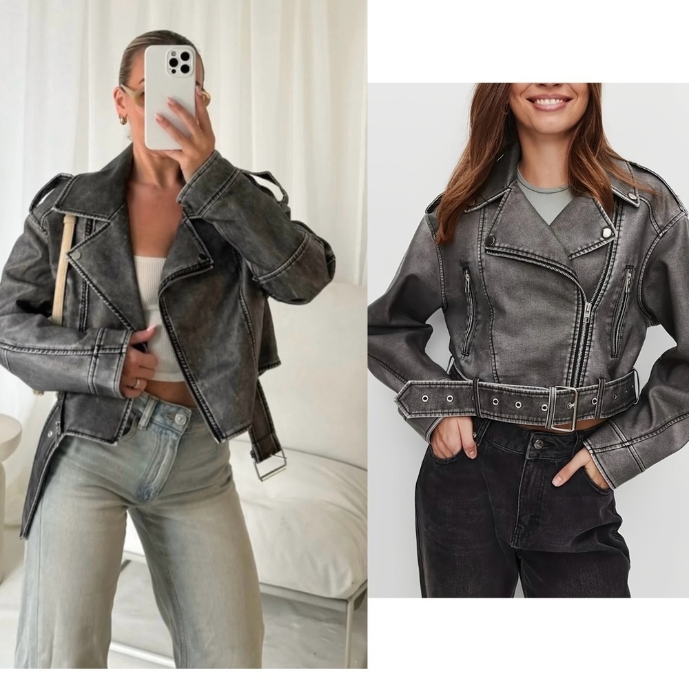 QED LONDON Gray Washed Faux Leather PU Zip Up Belted Cropped Moto Biker Jacket 8